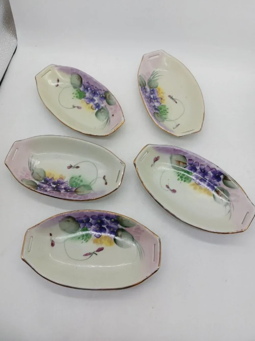 Nippon Salt Cellars Dish Set Of 5 Japan Hand Painted Purple Flowers